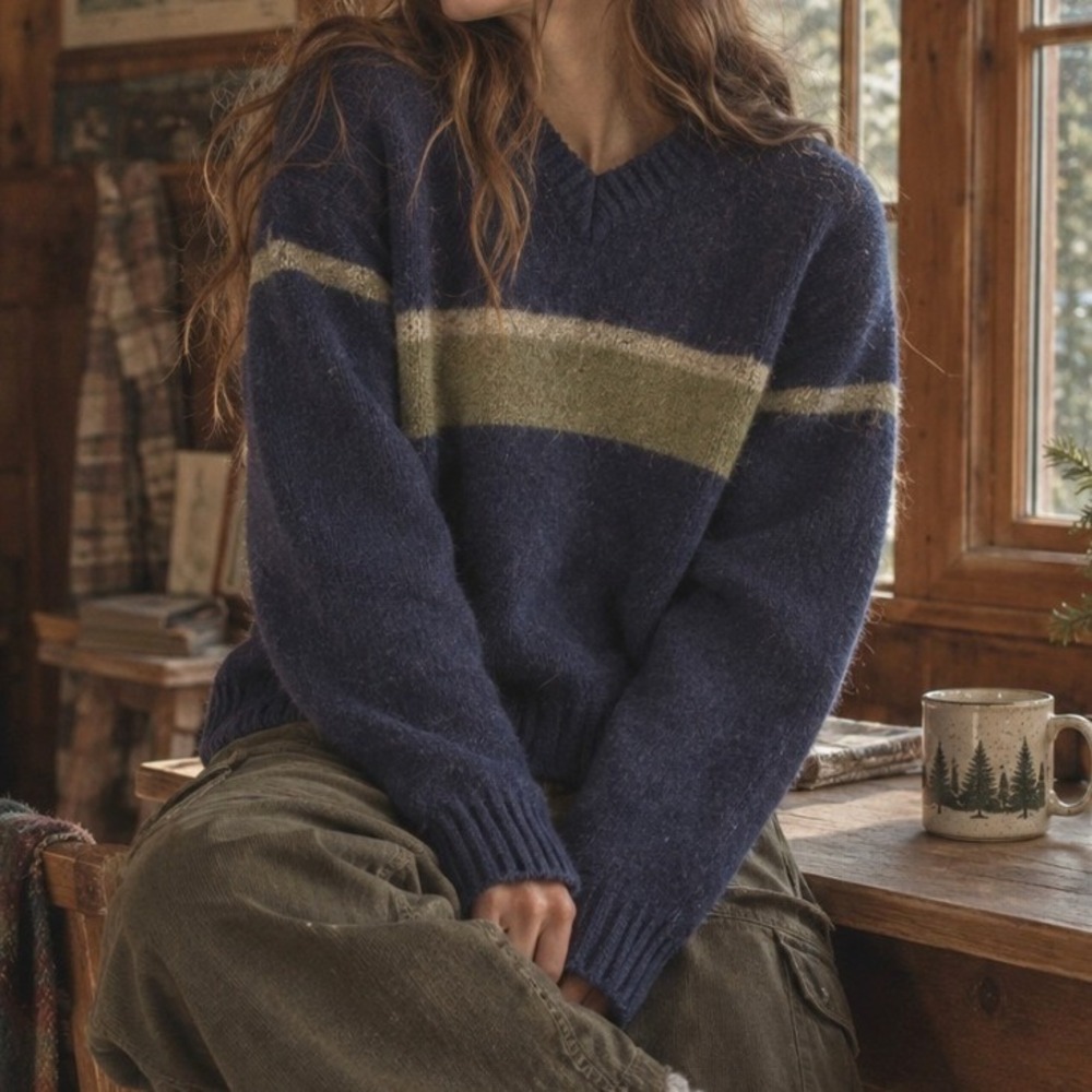 Vintage 90s Shetland Wool Sweater Large Blue Striped Preppy Academia Retro Y2K